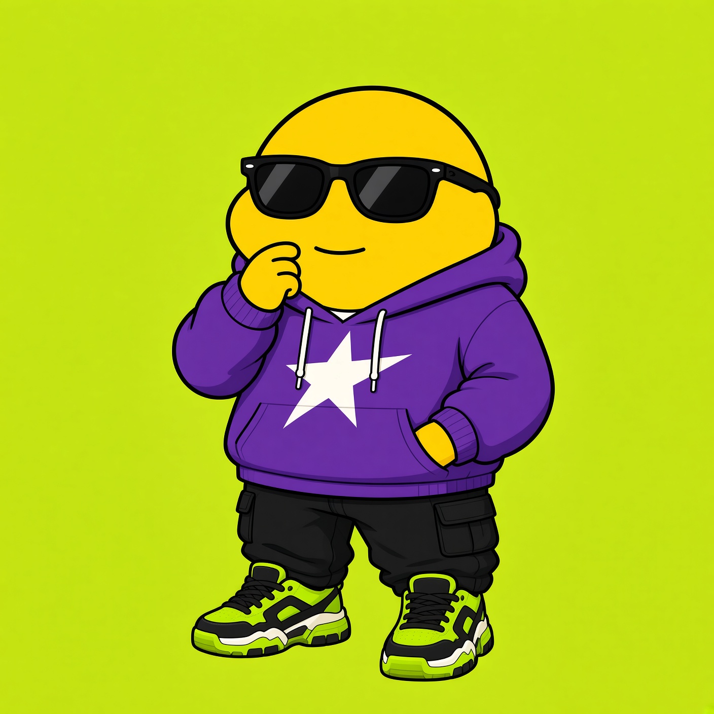 Lemonjak NFT in a purple star hoodie and green sneakers.